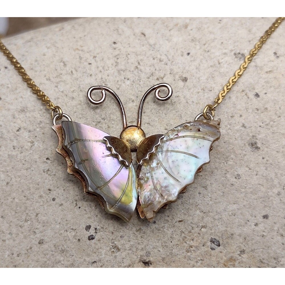 Vintage Butterfly Necklace Abalone Shell - Picture 6 of 11